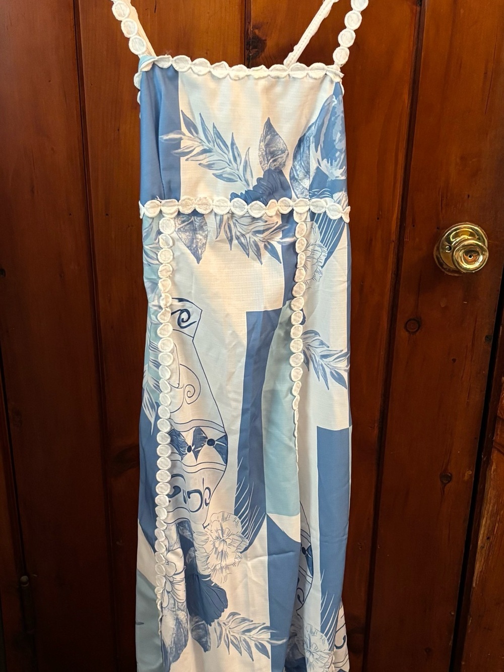 Boutique Blue and White Floral Maxi Dress with Crochet Trim